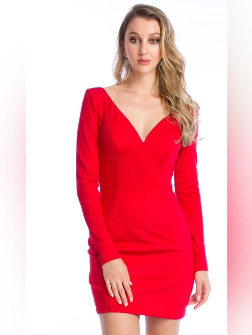 Red Long-Sleeve V-Neck Mini Dress